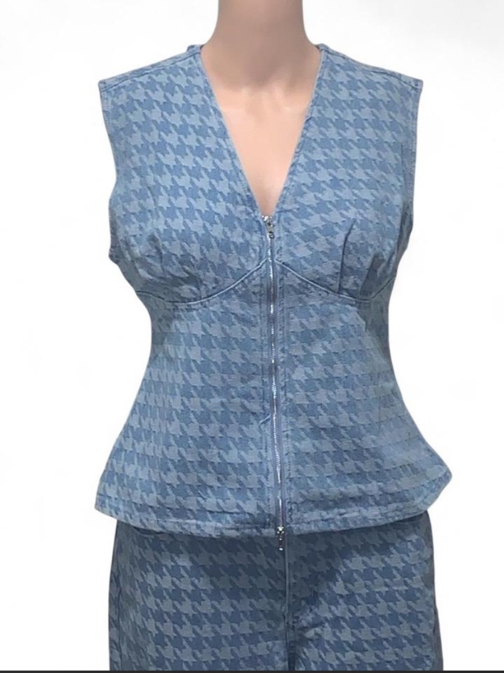 Light Blue Houndstooth Zip Front Sleeveless Top and pant set